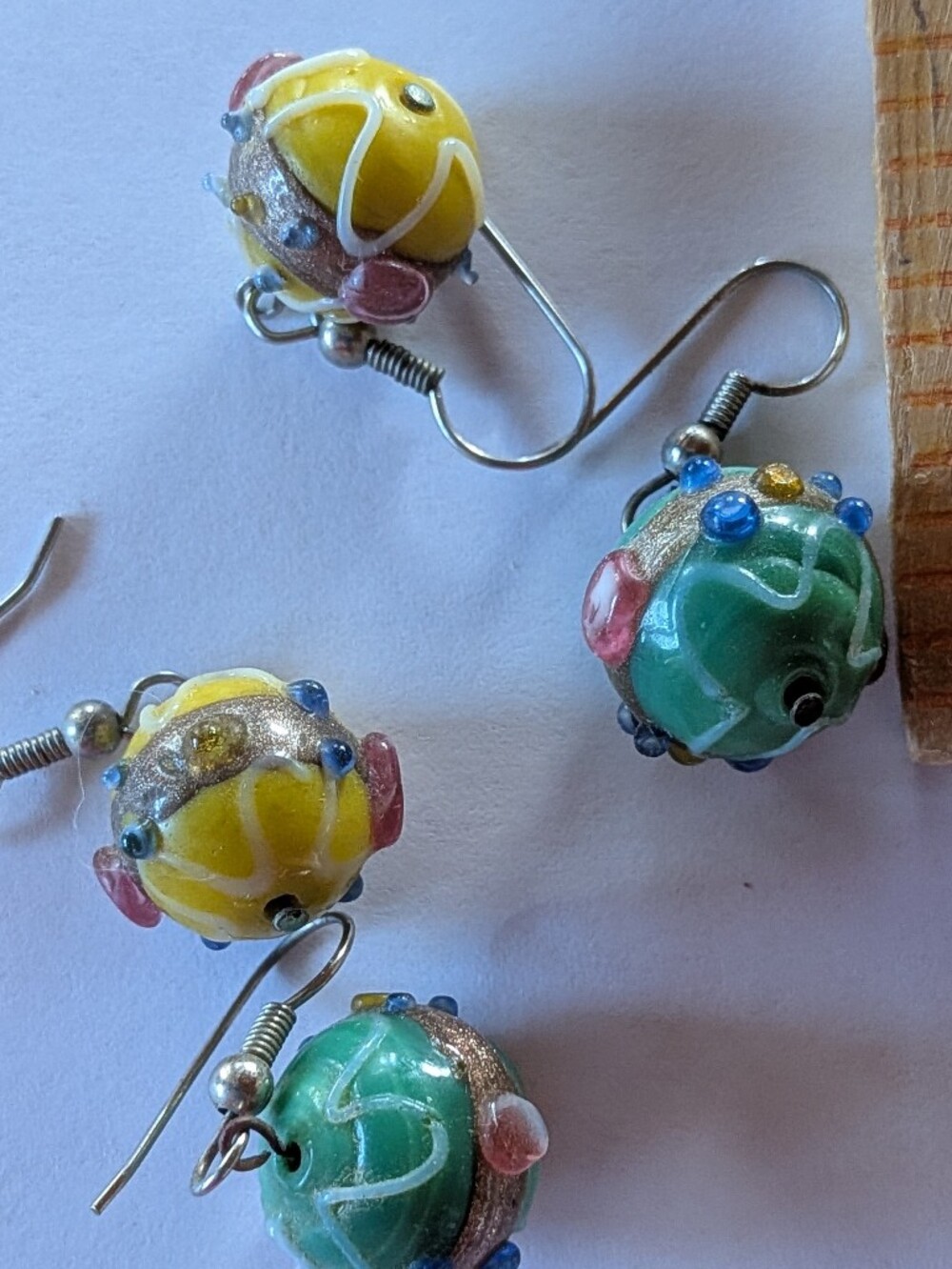 Italian Lamp Work Earrings, Beads, Possibly Murano, Green & Yellow, 2 Pairs